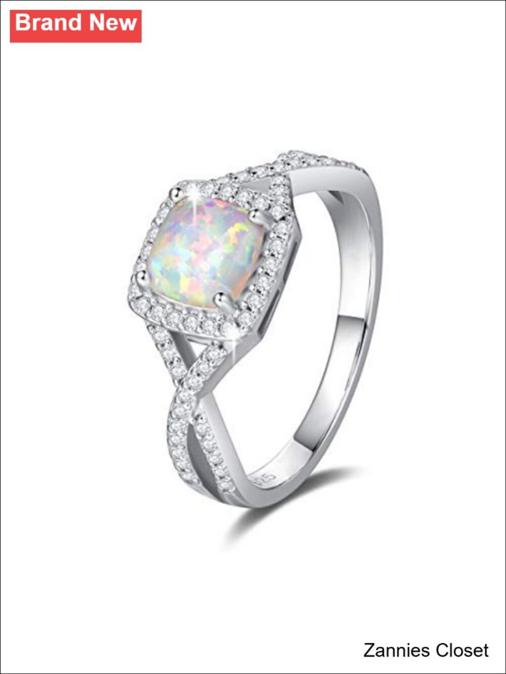 💍 FANCIME Sterling Silver Created Opal Halo Engagement Ring Cubic Zirconia